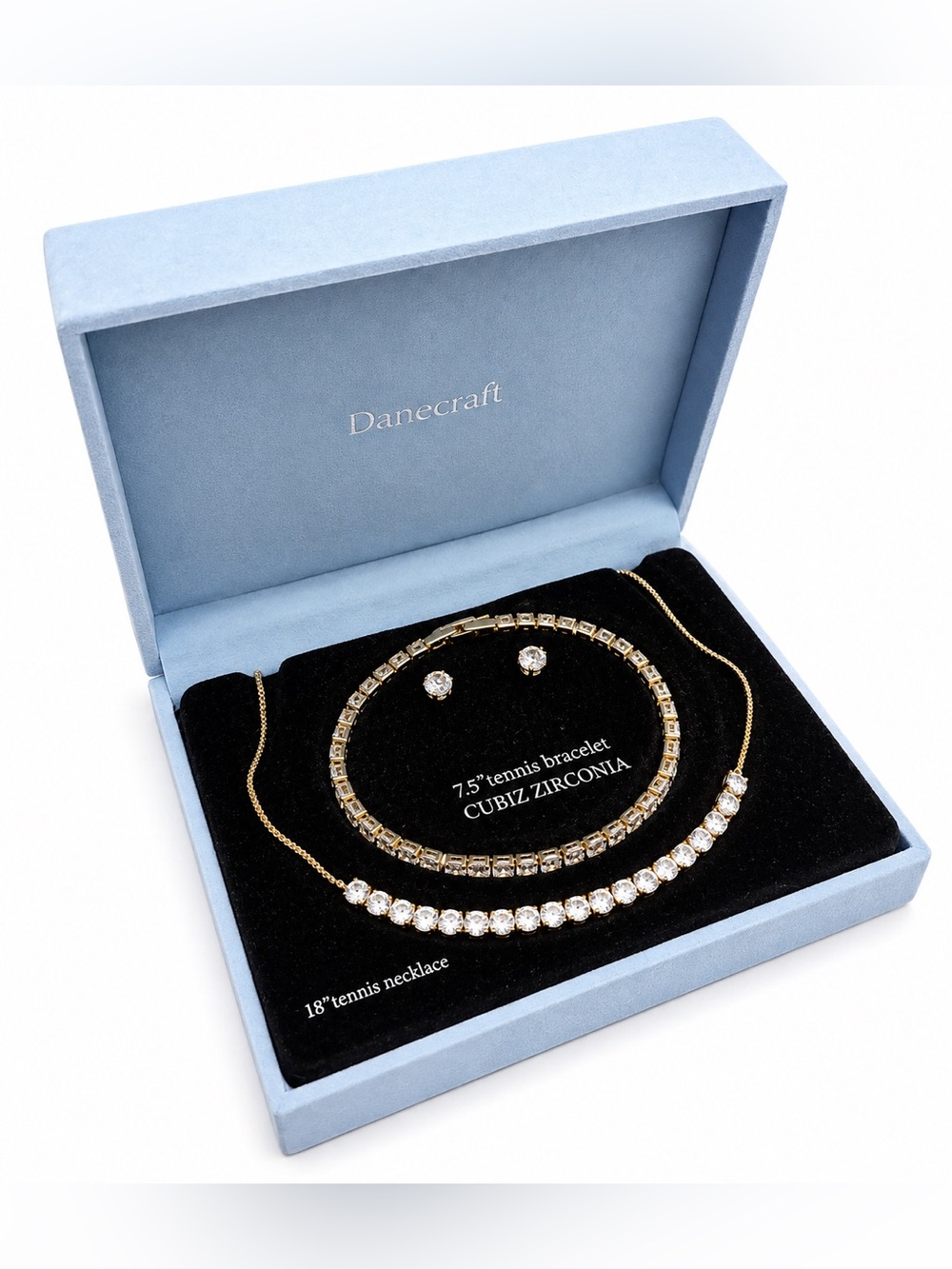 Danecraft Gold Cubic Zirconia Tennis Jewelry Set with Stud Earrings